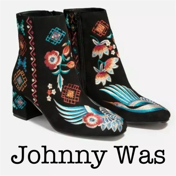 Johnny Was Shoes - Johnny Was Black Suede Embroidered Wing & Floral Ankle Boots